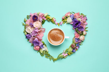 Beautiful heart shaped floral composition with cup of coffee on turquoise background, flat layの写真素材