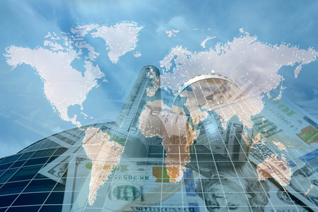 Multiple exposure of money, world map and building. online payment conceptの写真素材