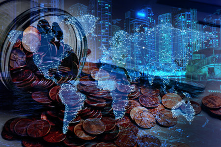 Multiple exposure of coins, world map and cityscape. online payment conceptの写真素材