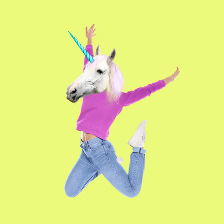 modern art collage. Woman with unicorn's head on yellow background