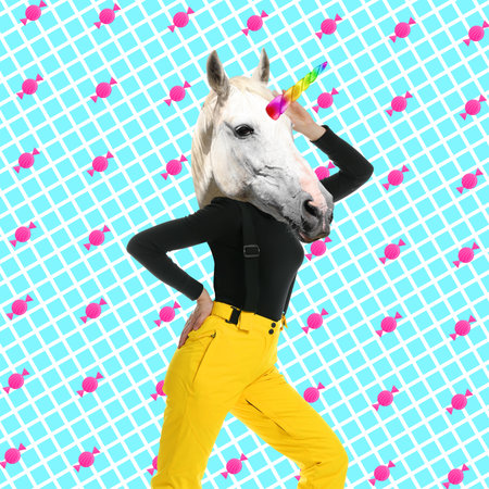 modern art collage. Woman with unicorn's head on color backgroundの写真素材