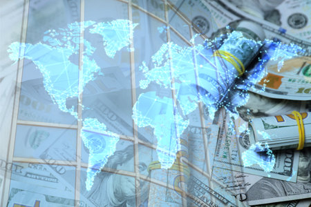 Multiple exposure of money, world map and building. online payment conceptの写真素材