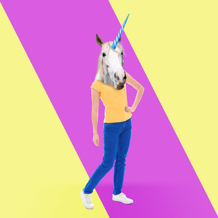 modern art collage. Woman with unicorn's head on color backgroundの写真素材
