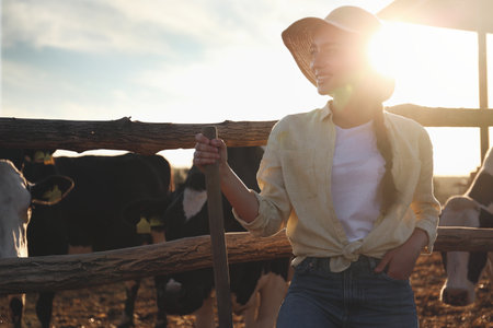 Young woman with shovel standing near cow pen on farm. animal husbandryの写真素材