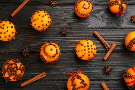 Flat lay composition with pomander balls made of fresh tangerines and cloves on wooden tableの写真素材