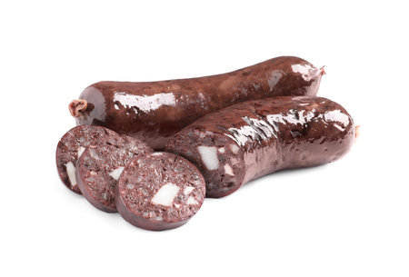 Cut and whole tasty blood sausages on white backgroundの写真素材