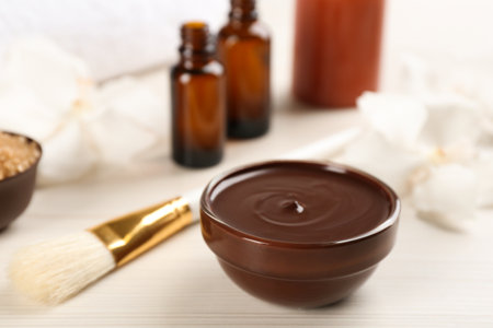 Composition with cosmetic product for spa body wraps on white wooden backgroundの写真素材