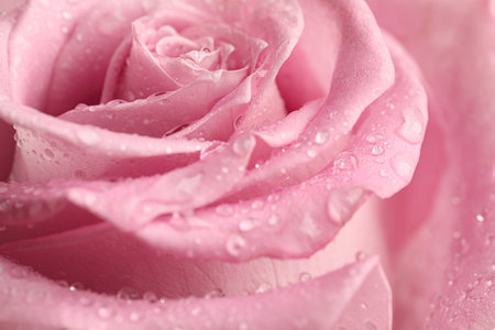 Beautiful pink rose flower with water drops as background, closeupの写真素材