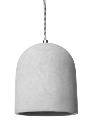Stylish modern lamp hanging on white backgroundの写真素材