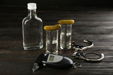 Modern breathalyser, alcohol and handcuffs on dark wooden backgroundの写真素材