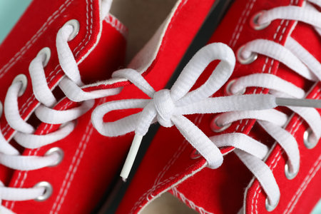 Pair of stylish shoes with white laces, closeupの写真素材