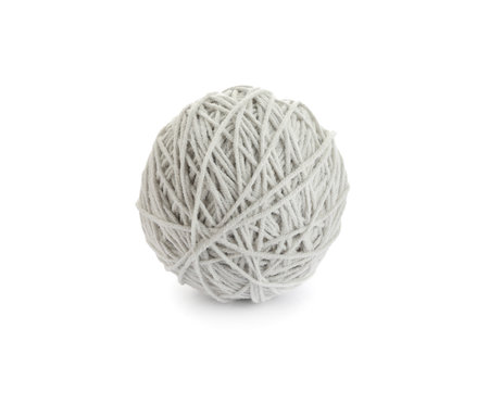 Soft gray woolen yarn isolated on whiteの写真素材