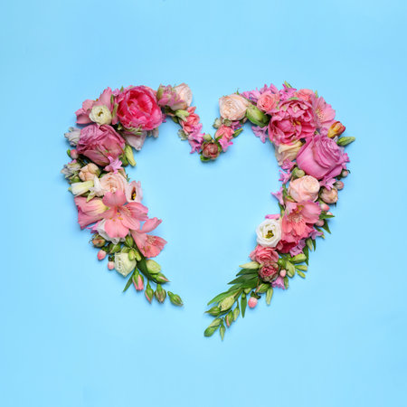 Beautiful heart shaped floral composition on turquoise background, flat layの写真素材