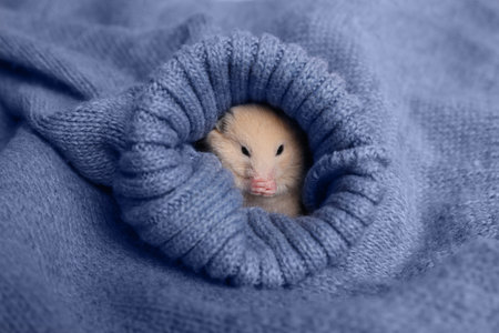 Cute little hamster in sleeve of blue knitted sweaterの写真素材