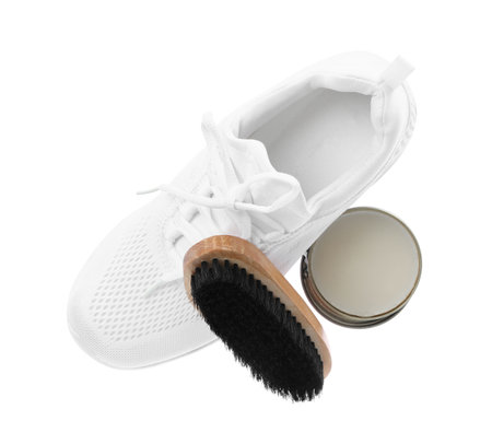 Stylish footwear and shoe care accessories on white background, top viewの写真素材