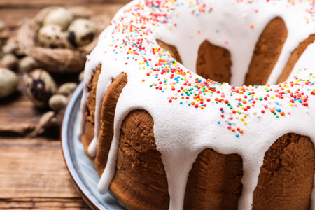 Glazed Easter cake with sprinkles on wooden table, closeup. Space for textの写真素材