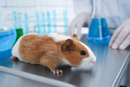 Guinea pig and laboratory glassware on table. animal testingの写真素材