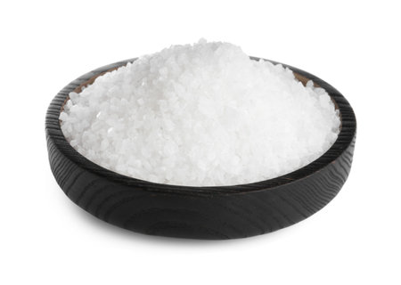Plate with natural sea salt isolated on whiteの写真素材
