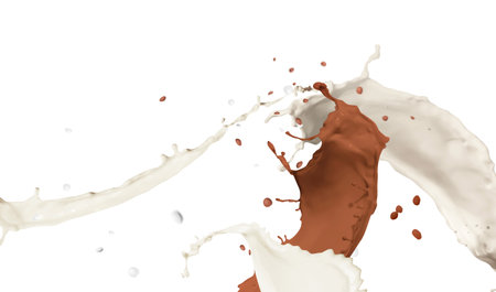 Splashes of chocolate milk and ordinary one mixing together on white backgroundの写真素材
