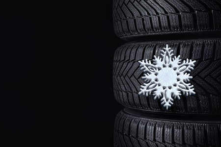 Stacked winter tires with snowflake on black background, closeup. Space for textの写真素材