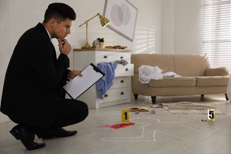 Investigator in black suit examining crime sceneの写真素材