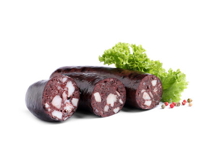 Tasty blood sausages with lettuce and pepper on white backgroundの写真素材