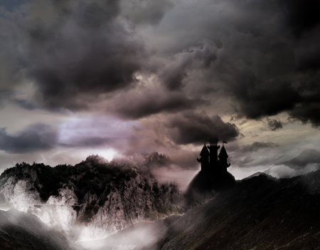 fantasy world. Mystical castle and mountains covering with fog in the nightの写真素材