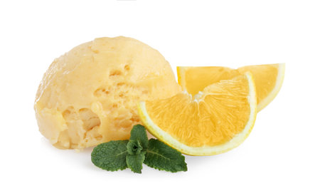 Scoop of delicious ice cream with lemon and mint on white backgroundの写真素材