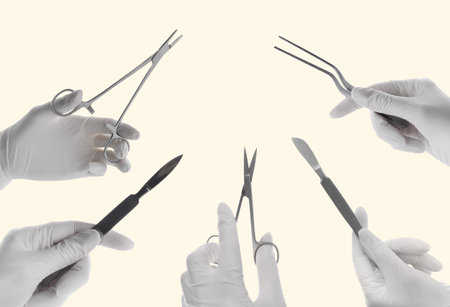 Collage with photos of doctors holding different surgical instruments on white background, closeupの写真素材