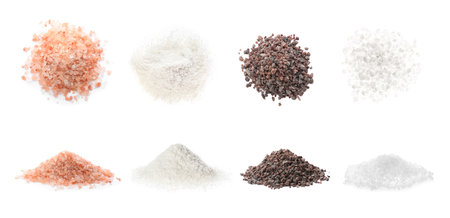 Set with different kinds of salt on white background. banner designの写真素材