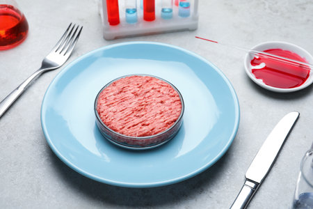 Cultured meat served on light gray lab tableの写真素材
