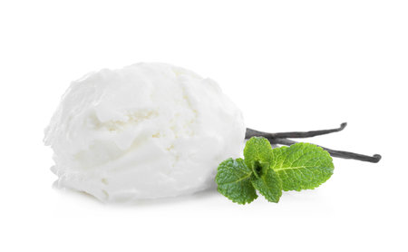 Scoop of delicious ice cream with vanilla and mint on white backgroundの写真素材
