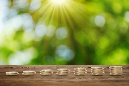 Stacked coins on wooden table against blurred background. investment conceptの写真素材