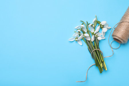 Beautiful snowdrops and twine on light blue background, flat lay. Space for textの写真素材