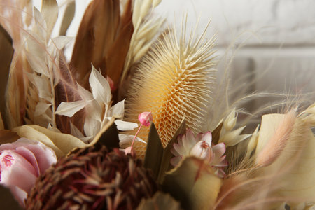Beautiful elegant dried flower bouquet, closeup viewの写真素材