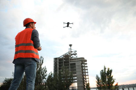 Builder operating drone with remote control at construction site. aerial photographyの写真素材