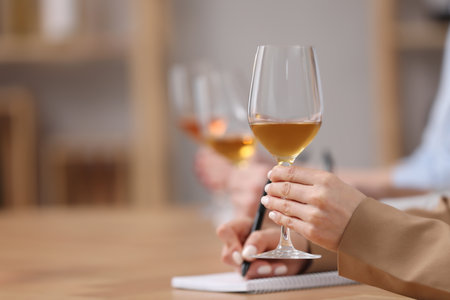 Sommeliers tasting different sorts of wine at table indoors, closeupの写真素材
