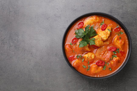 Bowl of delicious chicken curry on gray table, top view. Space for textの写真素材