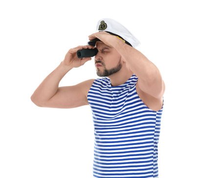 Sailor with looking through monocular on white backgroundの写真素材