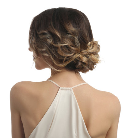 Young woman with beautiful hairstyle on white background