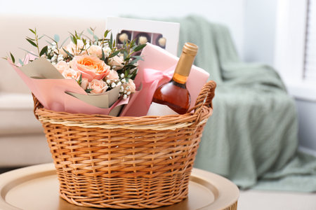 Wicker basket with gifts on table indoorsの写真素材