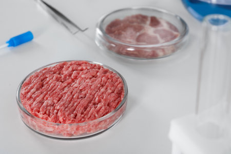 Petri dish with raw minced cultured meat on white table, space for textの写真素材