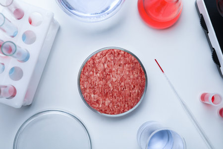 Sample of minced cultured meat on white lab table, flat layの写真素材