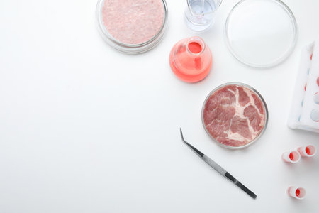Samples of cultured meats on white lab table, flat lay. Space for textの写真素材