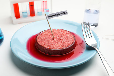 Minced cultured meat served on white lab tableの写真素材