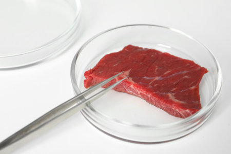 Petri dish with piece of raw cultured meat and tweezers on white table, closeupの写真素材