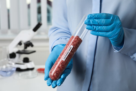 Scientist holding test tube with minced cultured meat in laboratory, closeupの写真素材