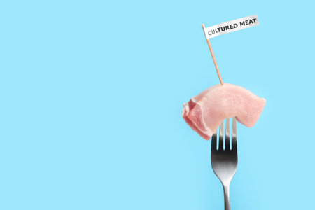 Sample of lab grown pork labeled Cultured Meat on fork against light blue background. Space for textの写真素材