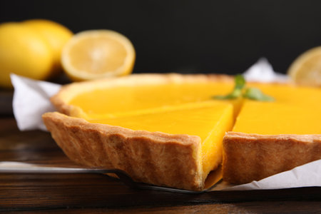 Delicious homemade lemon pie on wooden table, closeupの写真素材