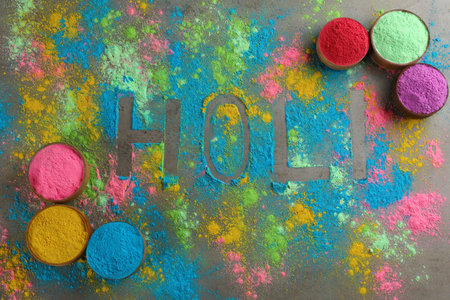 Word Holi and colorful powder dyes on gray background, flat layの写真素材